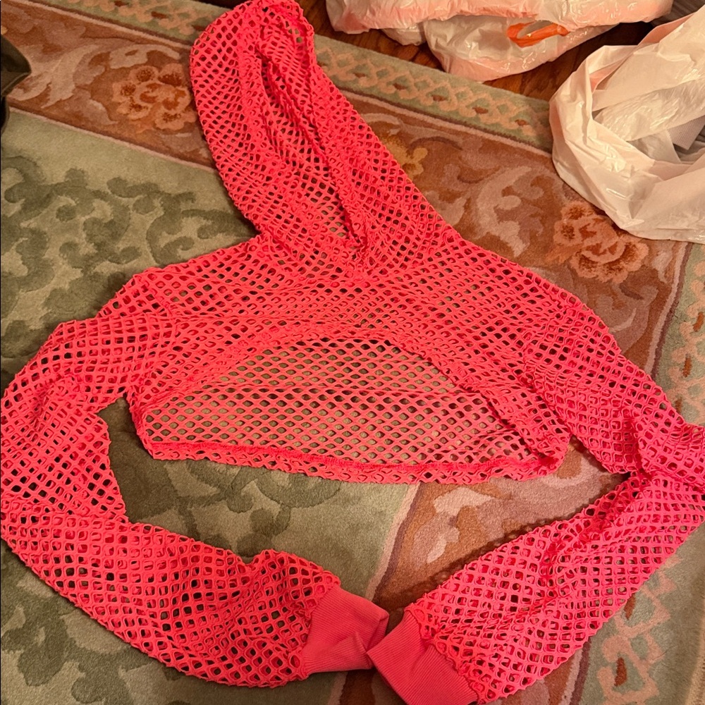 Fashion Nova Hot Pink Mesh Hoodie Crop Top